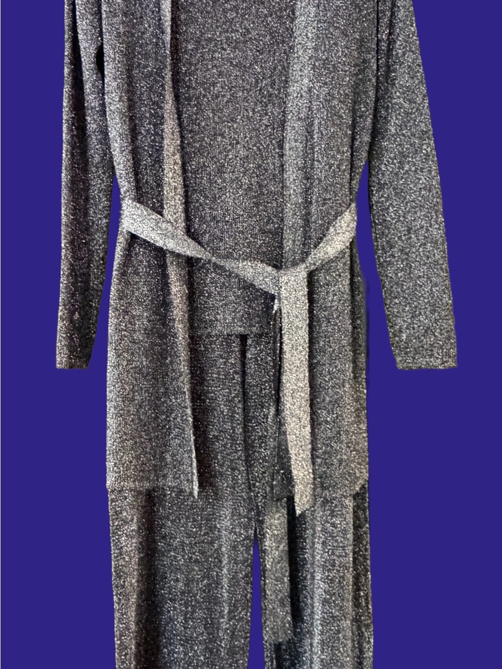Tahari T Metallic Silver Open-Front Knit Cardigan , wide leg pants and top set